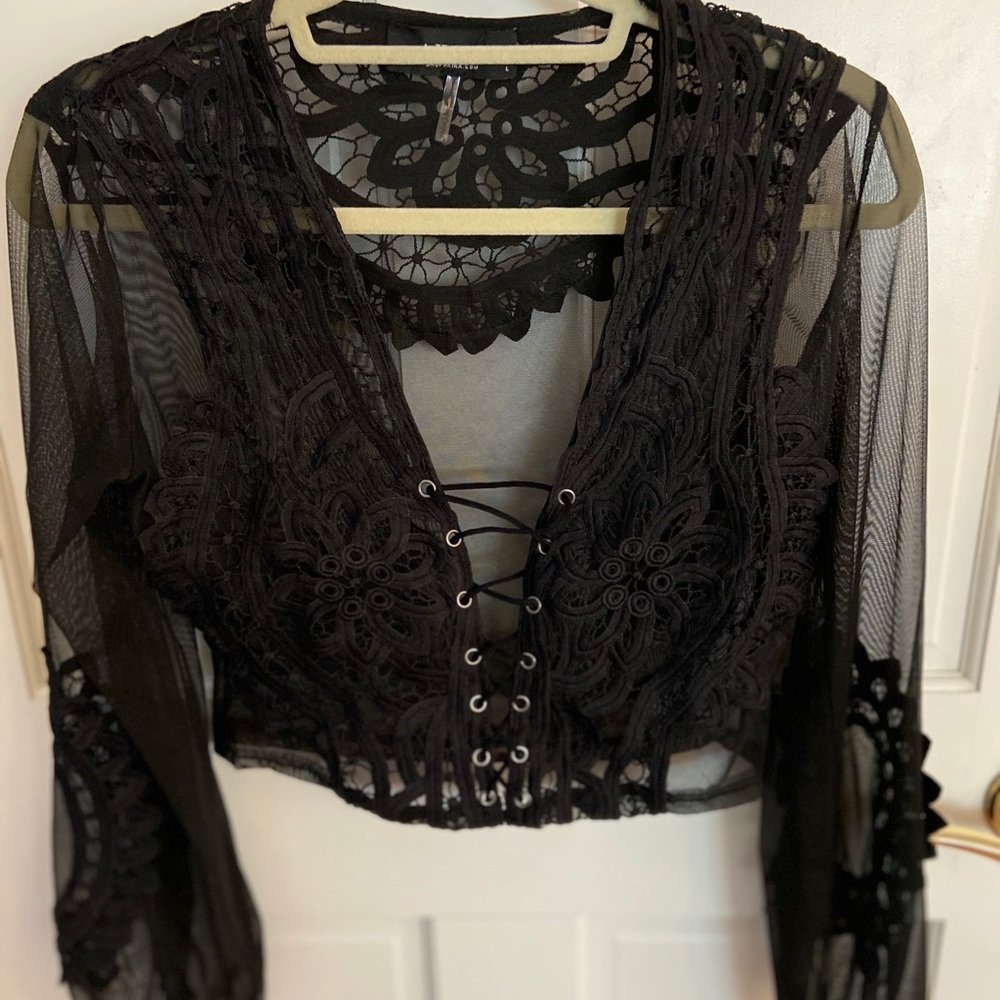 Super cute black see-through crop top with lacing